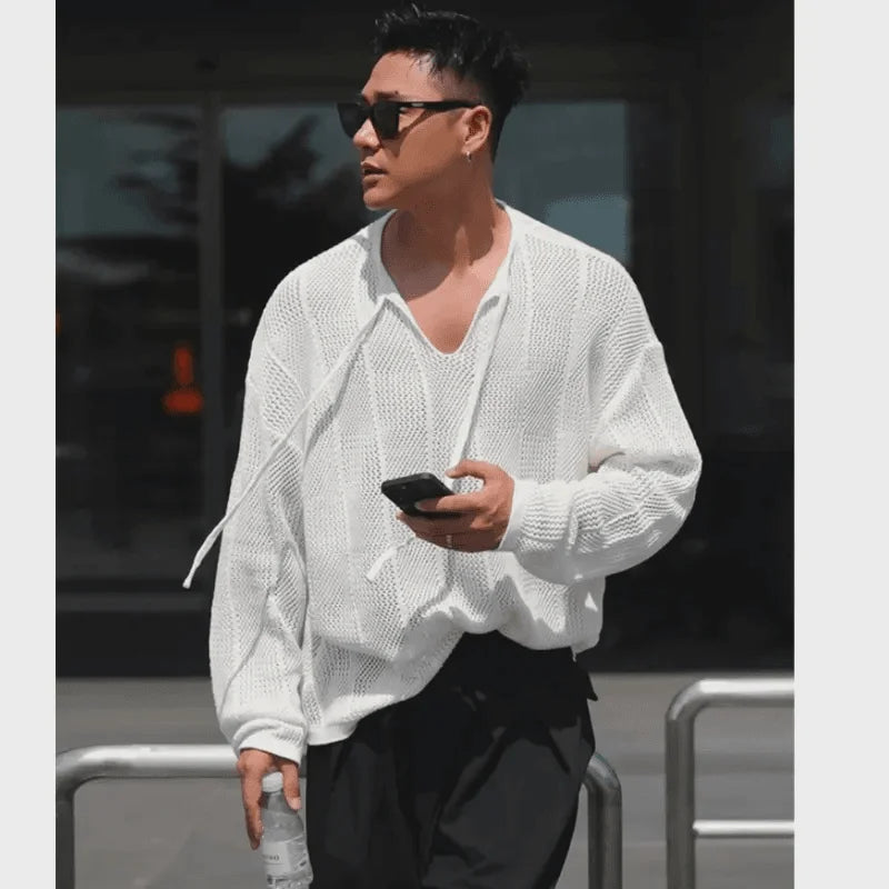 Men's Long Sleeve Hollow Knit Sweater - V-Neck Tether Thin Solid Color Relaxed Fit Pullover