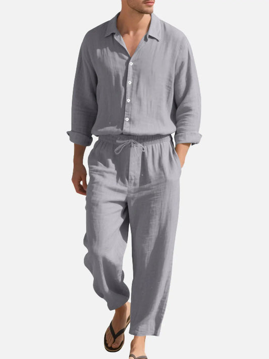 Linen Blend Two-Piece Set | Relaxed Fit Shirt & Drawstring Pants for Effortless Style