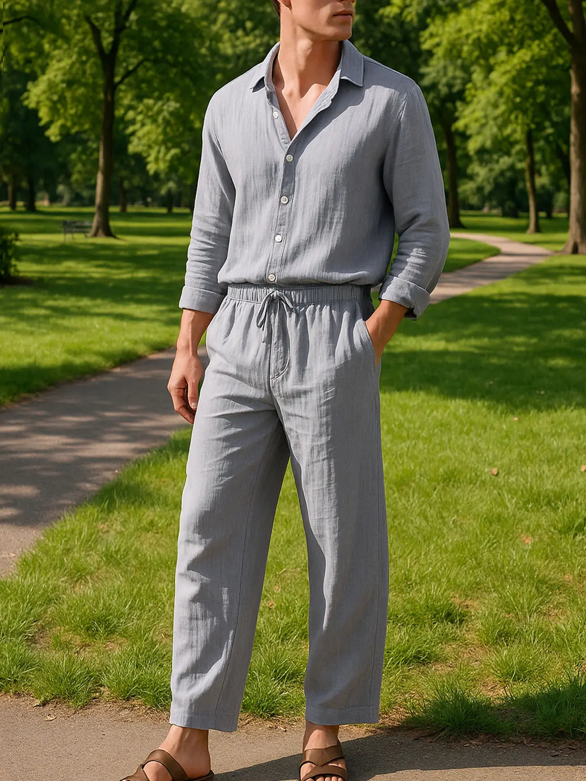 Linen Blend Two-Piece Set | Relaxed Fit Shirt & Drawstring Pants for Effortless Style