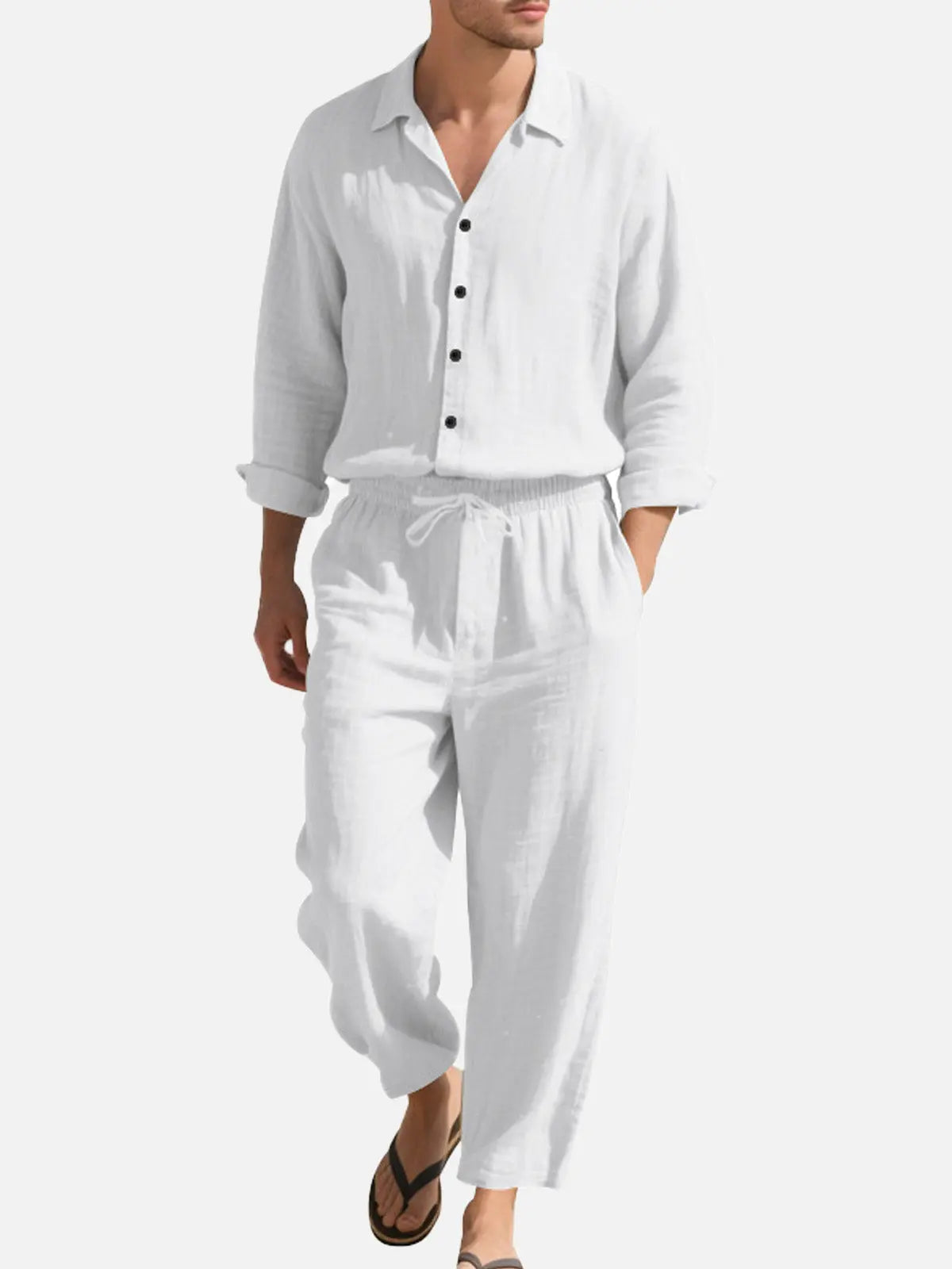 Linen Blend Two-Piece Set | Relaxed Fit Shirt & Drawstring Pants for Effortless Style