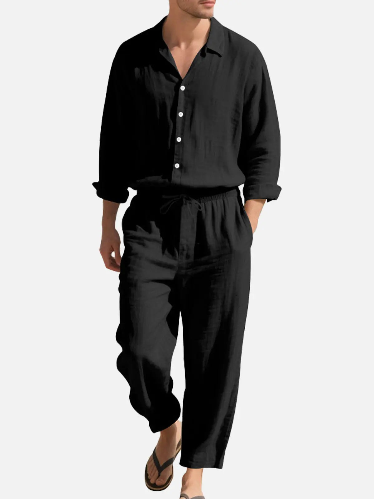 Linen Blend Two-Piece Set | Relaxed Fit Shirt & Drawstring Pants for Effortless Style