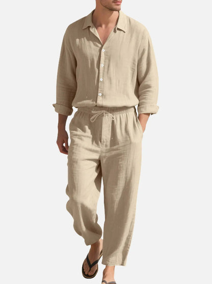 Linen Blend Two-Piece Set | Relaxed Fit Shirt & Drawstring Pants for Effortless Style