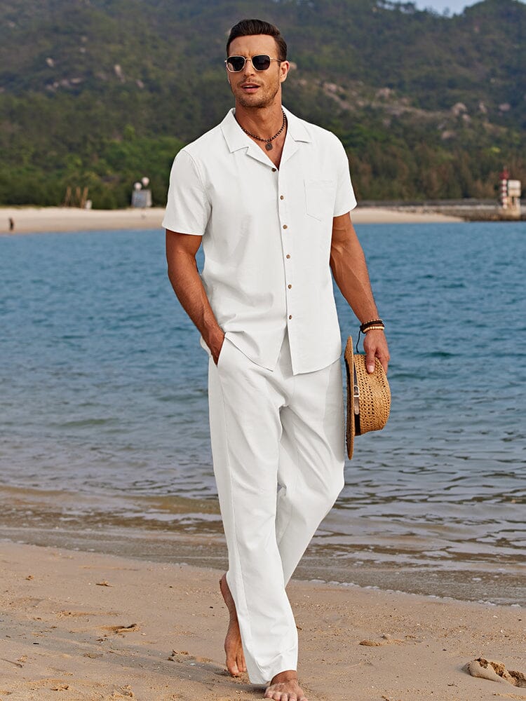 Linen Essentials | Men's Short Sleeve Button-Up Shirt & Pants Set for Comfort and Style
