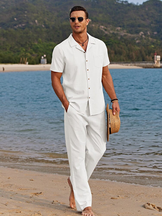 Linen Essentials | Men's Short Sleeve Button-Up Shirt & Pants Set for Comfort and Style