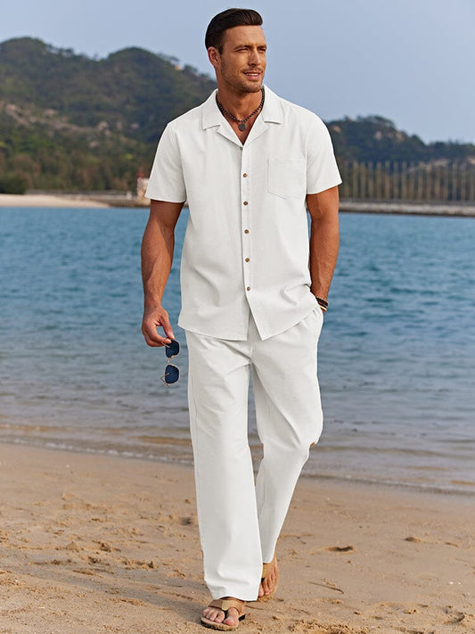 Linen Essentials | Men's Short Sleeve Button-Up Shirt & Pants Set for Comfort and Style