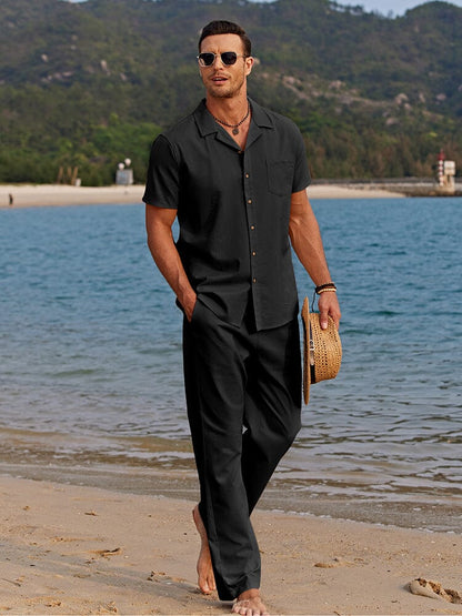 Linen Essentials | Men's Short Sleeve Button-Up Shirt & Pants Set for Comfort and Style