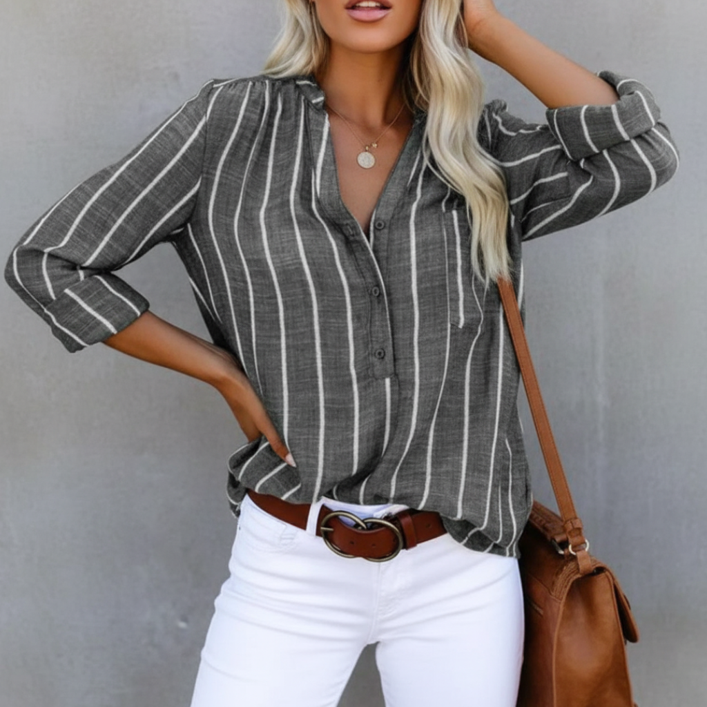 Lunelle | Women's Shirt with V-Neck Cut & Striped Design | Lightweight Cotton for Effortless Summer Style