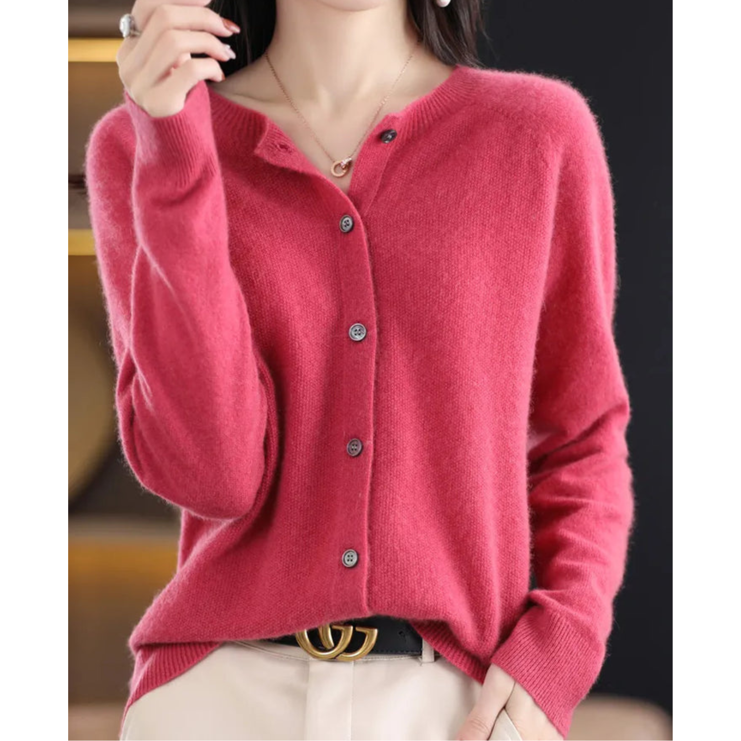 Women's Merino Wool & Cashmere Cardigan — O-Neck Winter Knit