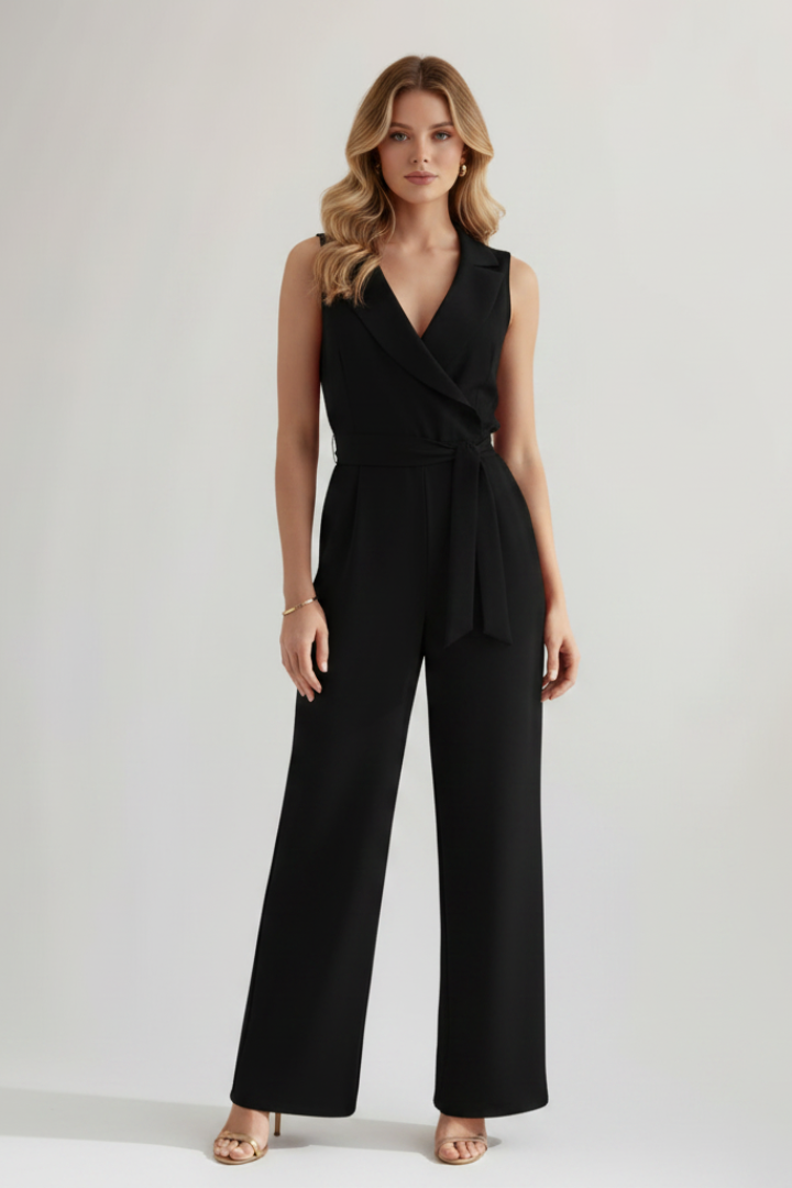 Madelyn Sleeveless Wide Leg Jumpsuit | Tie-Waist V-Neck Smart Casual One-Piece