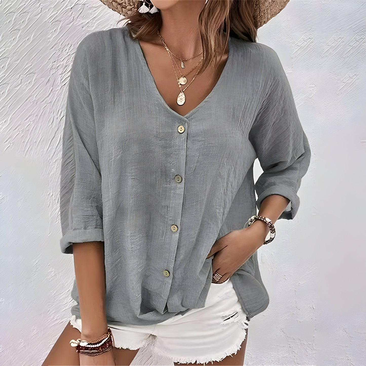 Marcia | Relaxed Button-Up Blouse with Soft V-Neckline | Casual Sophistication for Everyday Wear