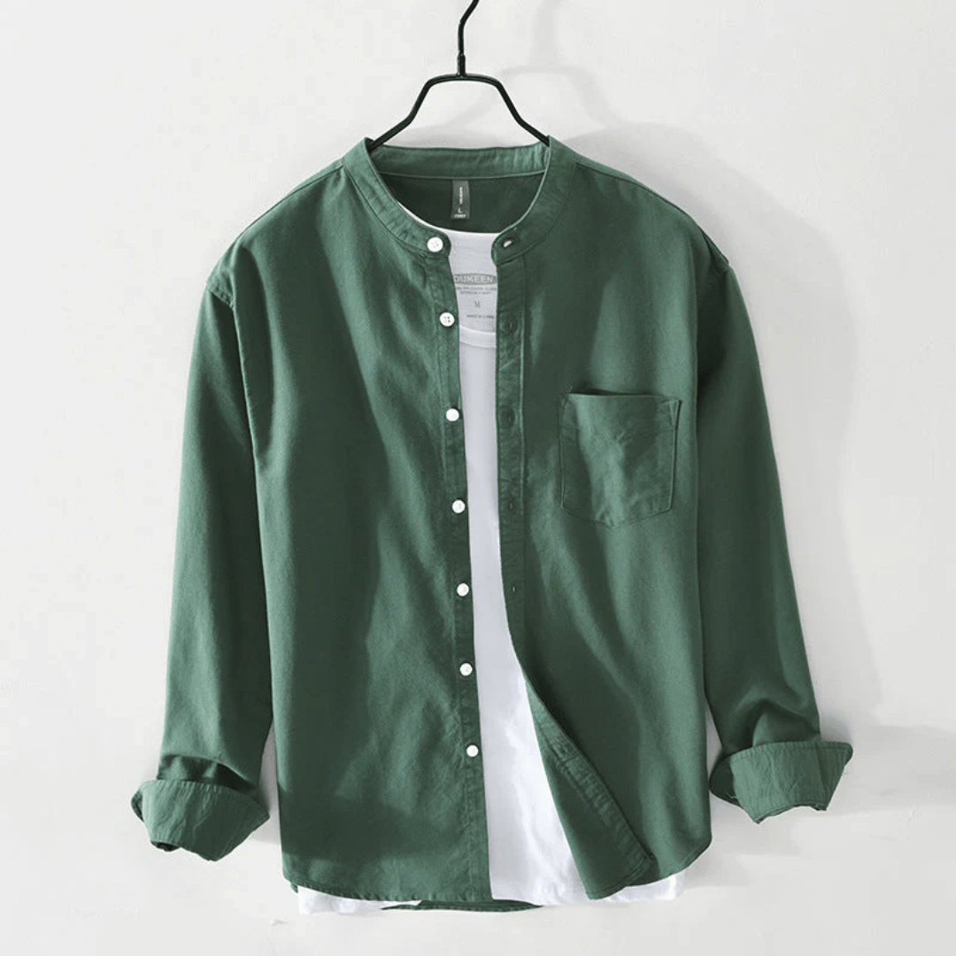 Men's Band Collar Shirt – Long Sleeve Button Front Relaxed Fit Collarless Shirt for Casual & Smart Casual Wear