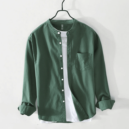 Men's Band Collar Shirt – Long Sleeve Button Front Relaxed Fit Collarless Shirt for Casual & Smart Casual Wear