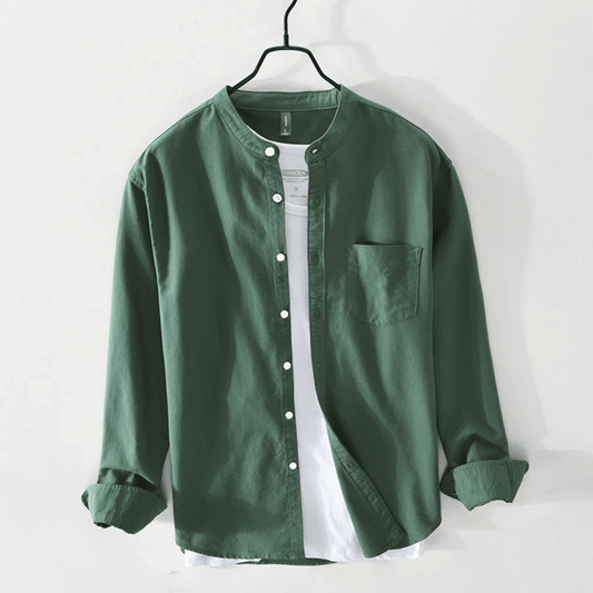 Men's Band Collar Shirt – Long Sleeve Button Front Relaxed Fit Collarless Shirt for Casual & Smart Casual Wear
