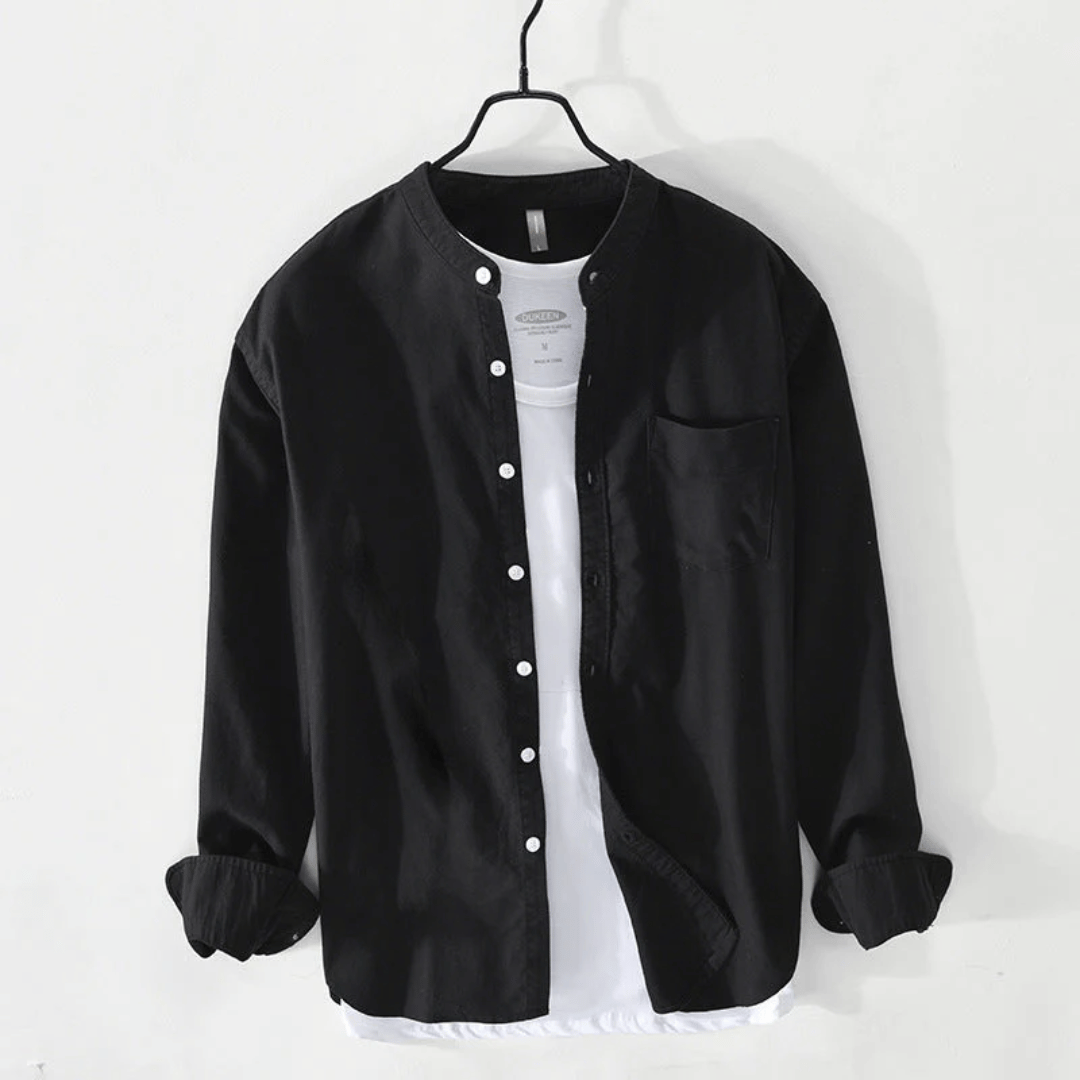 Men's Band Collar Shirt – Long Sleeve Button Front Relaxed Fit Collarless Shirt for Casual & Smart Casual Wear