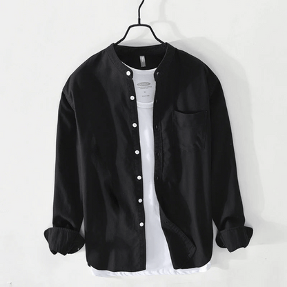 Men's Band Collar Shirt – Long Sleeve Button Front Relaxed Fit Collarless Shirt for Casual & Smart Casual Wear
