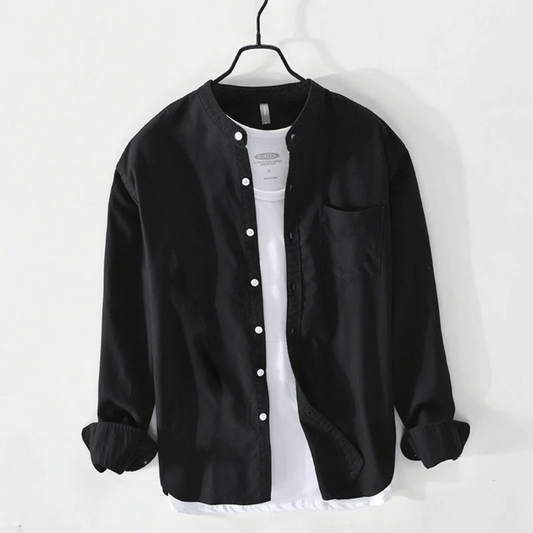 Men's Band Collar Shirt – Long Sleeve Button Front Relaxed Fit Collarless Shirt for Casual & Smart Casual Wear
