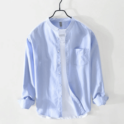 Men's Band Collar Shirt – Long Sleeve Button Front Relaxed Fit Collarless Shirt for Casual & Smart Casual Wear