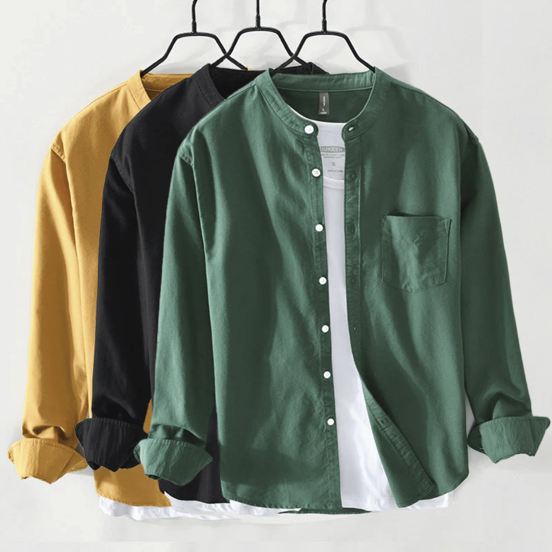 Men's Band Collar Shirt – Long Sleeve Button Front Relaxed Fit Collarless Shirt for Casual & Smart Casual Wear