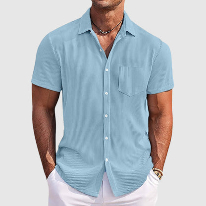 Men's Camp Collar Shirt | Short Sleeve Design with Vertical Stripes | Comfortable Fit for Warm Weather