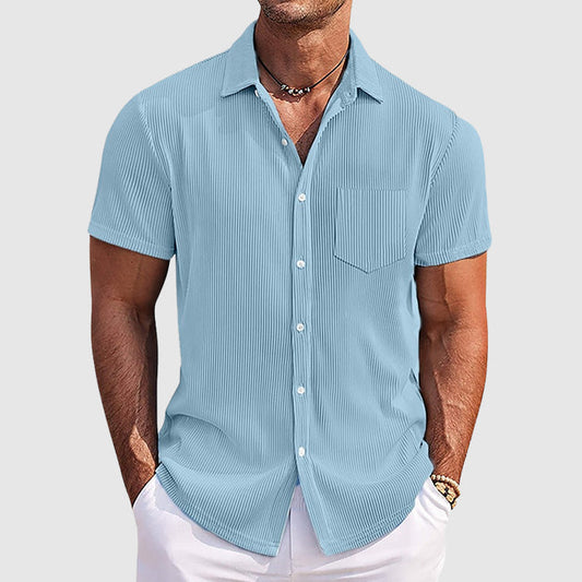 Men's Camp Collar Shirt | Short Sleeve Design with Vertical Stripes | Comfortable Fit for Warm Weather