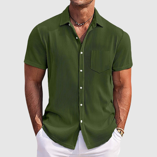 Men's Camp Collar Shirt | Short Sleeve Design with Vertical Stripes | Comfortable Fit for Warm Weather