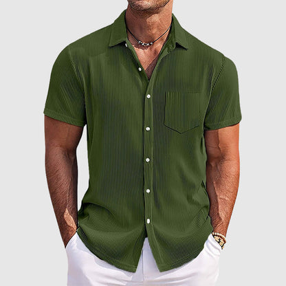 Men's Camp Collar Shirt | Short Sleeve Design with Vertical Stripes | Comfortable Fit for Warm Weather