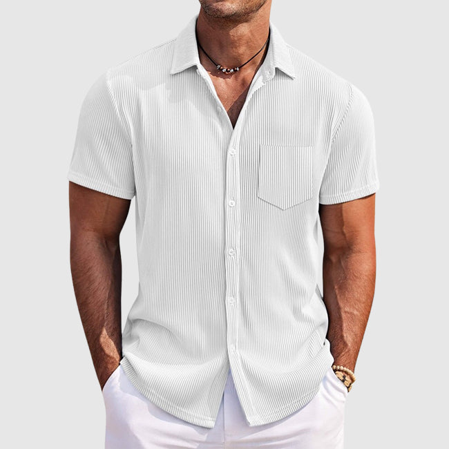 Men's Camp Collar Shirt | Short Sleeve Design with Vertical Stripes | Comfortable Fit for Warm Weather