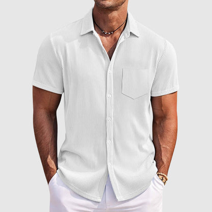 Men's Camp Collar Shirt | Short Sleeve Design with Vertical Stripes | Comfortable Fit for Warm Weather