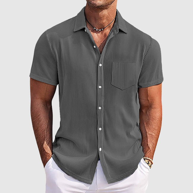 Men's Camp Collar Shirt | Short Sleeve Design with Vertical Stripes | Comfortable Fit for Warm Weather