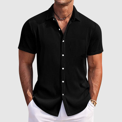 Men's Camp Collar Shirt | Short Sleeve Design with Vertical Stripes | Comfortable Fit for Warm Weather