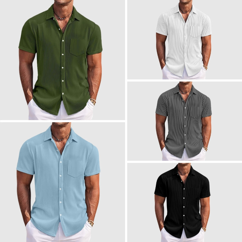 Men's Camp Collar Shirt | Short Sleeve Design with Vertical Stripes | Comfortable Fit for Warm Weather