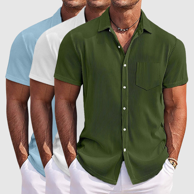 Men's Camp Collar Shirt | Short Sleeve Design with Vertical Stripes | Comfortable Fit for Warm Weather