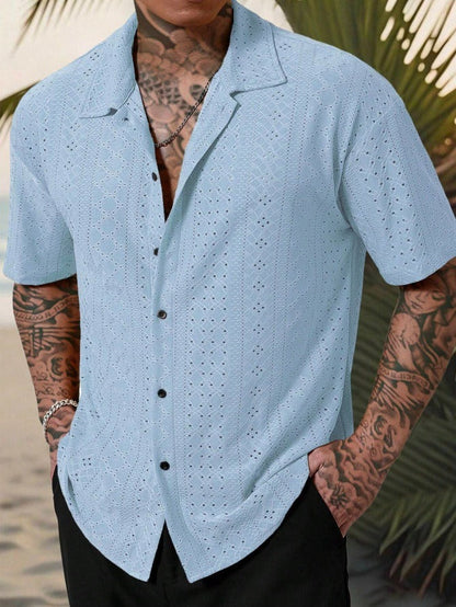 Men's Camp Collar Short Sleeve Shirt with Open Stitch Detailing | Relaxed Fit for Effortless Summer Style