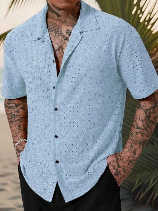 Men's Camp Collar Short Sleeve Shirt with Open Stitch Detailing | Relaxed Fit for Effortless Summer Style
