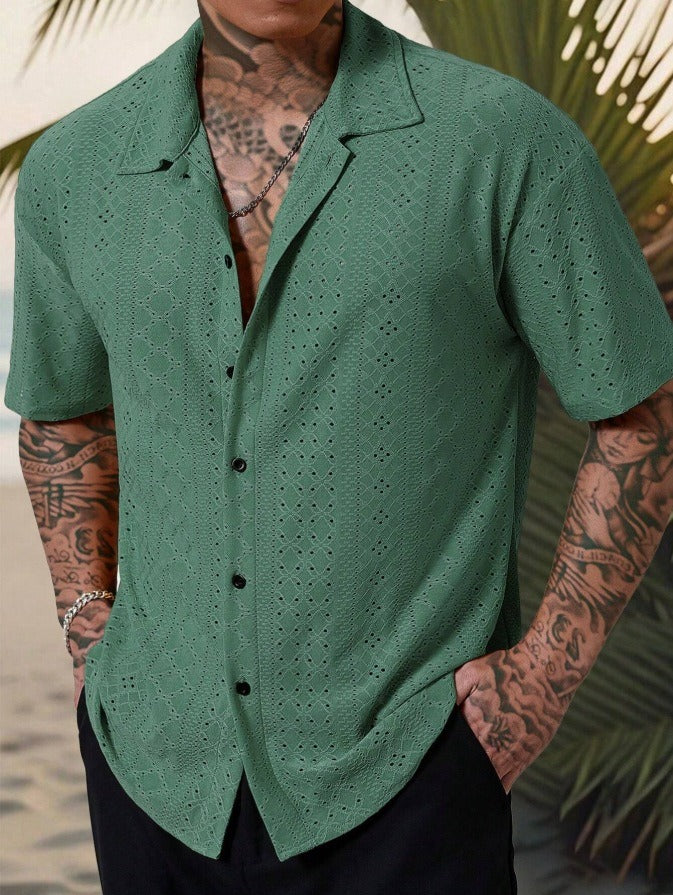 Men's Camp Collar Short Sleeve Shirt with Open Stitch Detailing | Relaxed Fit for Effortless Summer Style