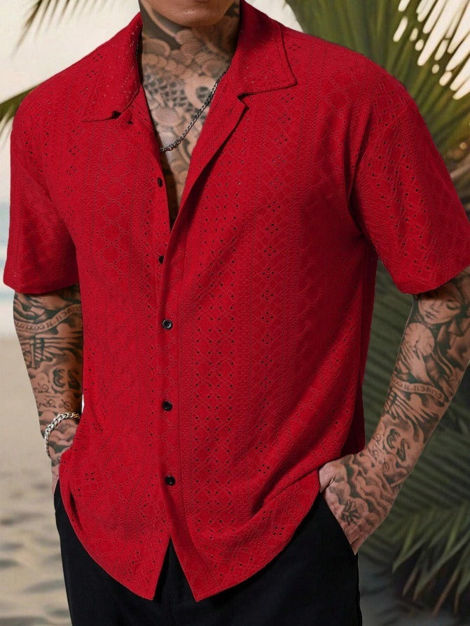 Men's Camp Collar Short Sleeve Shirt with Open Stitch Detailing | Relaxed Fit for Effortless Summer Style
