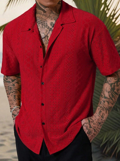 Men's Camp Collar Short Sleeve Shirt with Open Stitch Detailing | Relaxed Fit for Effortless Summer Style