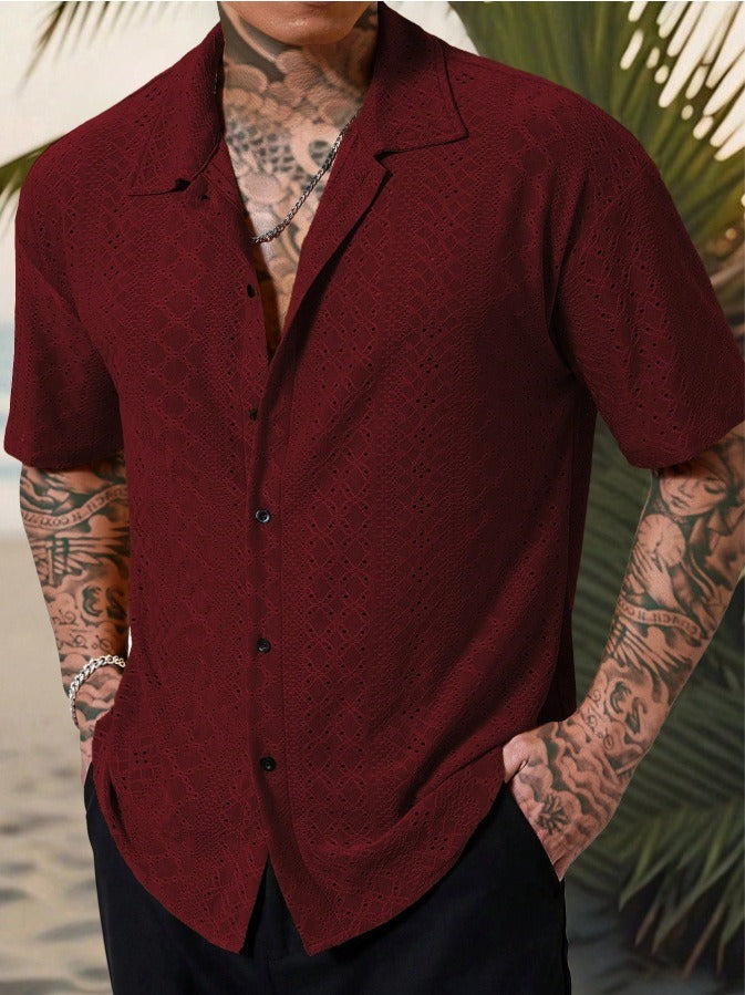 Men's Camp Collar Short Sleeve Shirt with Open Stitch Detailing | Relaxed Fit for Effortless Summer Style