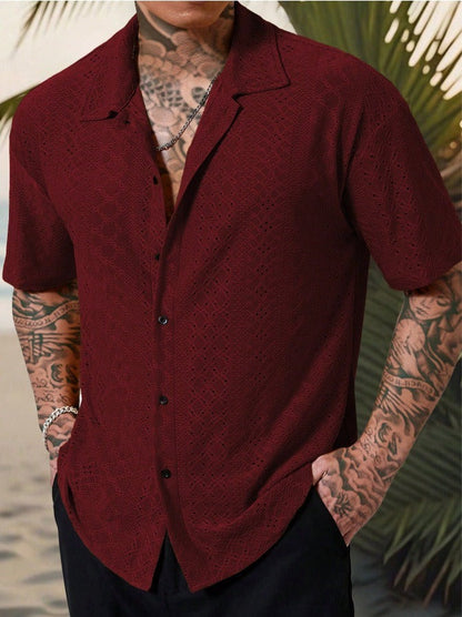 Men's Camp Collar Short Sleeve Shirt with Open Stitch Detailing | Relaxed Fit for Effortless Summer Style