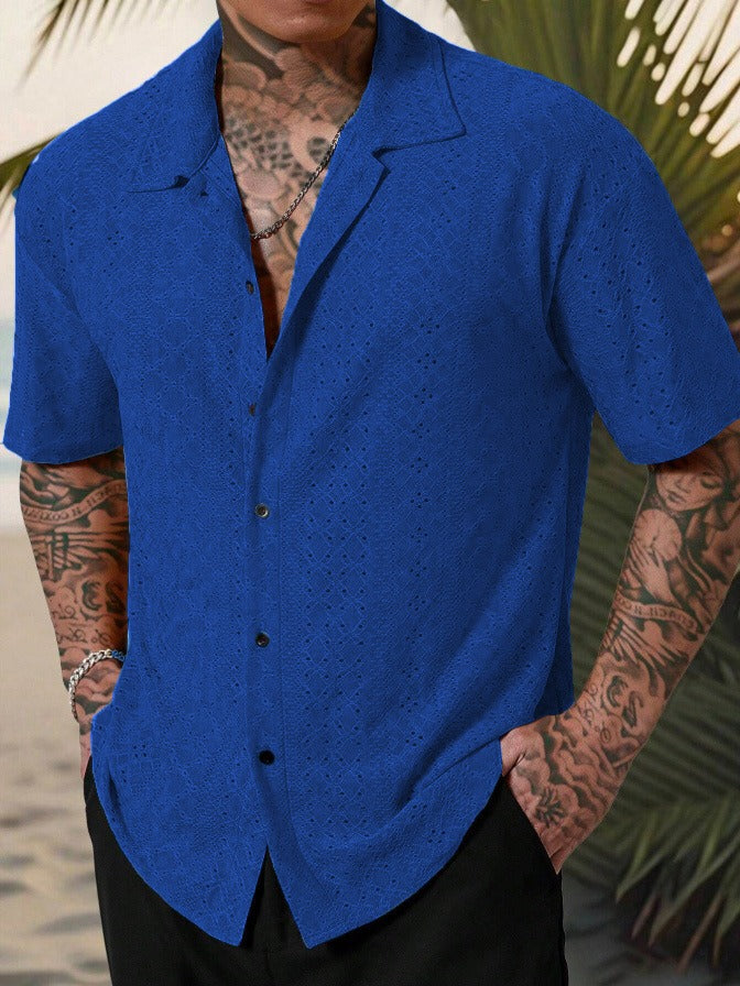 Men's Camp Collar Short Sleeve Shirt with Open Stitch Detailing | Relaxed Fit for Effortless Summer Style