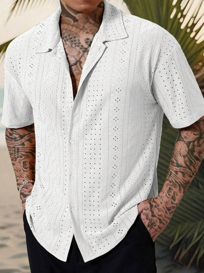 Men's Camp Collar Short Sleeve Shirt with Open Stitch Detailing | Relaxed Fit for Effortless Summer Style
