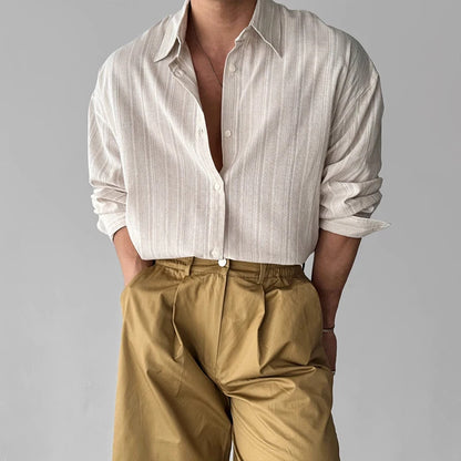 Men's Long Sleeve Striped Shirt - Textured Light Luxury Business Casual Streetwear Top
