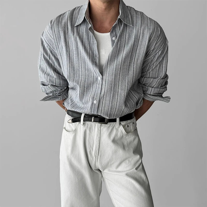 Men's Long Sleeve Striped Shirt - Textured Light Luxury Business Casual Streetwear Top