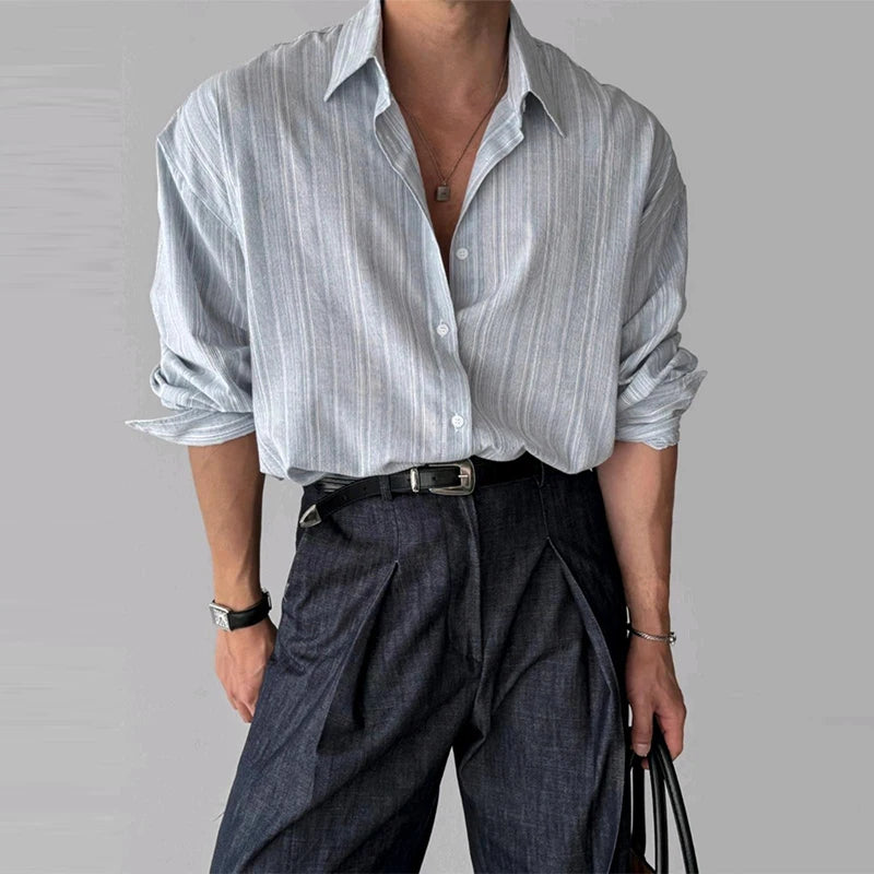 Men's Long Sleeve Striped Shirt - Textured Light Luxury Business Casual Streetwear Top