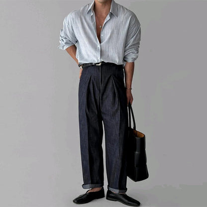 Men's Long Sleeve Striped Shirt - Textured Light Luxury Business Casual Streetwear Top