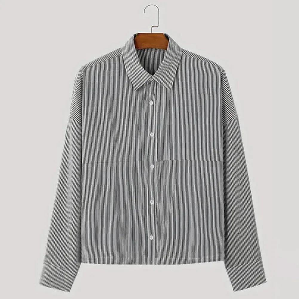 Men's Long Sleeve Striped Shirt Jacket - Button Up Lapel Collar Loose Fit Casual jacket Top