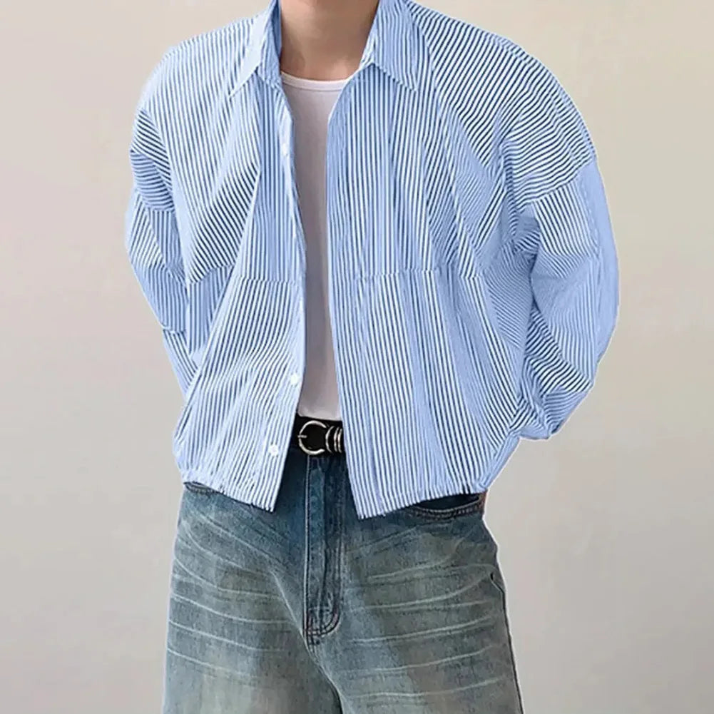 Men's Long Sleeve Striped Shirt Jacket - Button Up Lapel Collar Loose Fit Casual jacket Top