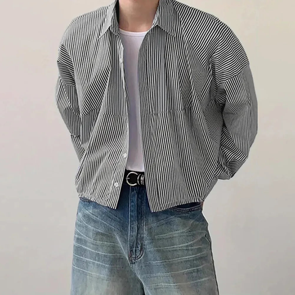 Men's Long Sleeve Striped Shirt Jacket - Button Up Lapel Collar Loose Fit Casual jacket Top