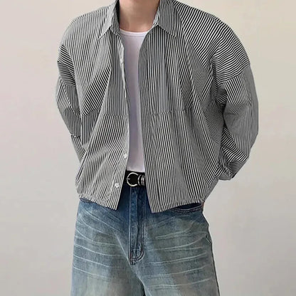 Men's Long Sleeve Striped Shirt Jacket - Button Up Lapel Collar Loose Fit Casual jacket Top