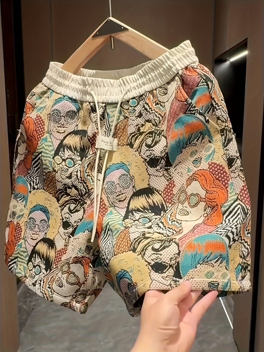 Men's Graphic Print Shorts – Relaxed Fit Elastic Waist Drawstring Streetwear Shorts for Summer